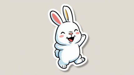 Obraz premium A cartoon rabbit is smiling and waving. The rabbit is white and has a pink nose. The rabbit is happy and playful