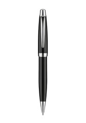 A sleek black ballpoint pen with a shiny silver cap and clip, standing upright against an immaculate transparent background with ample copy space, bathed in bright, shadowless studio light. Concept of