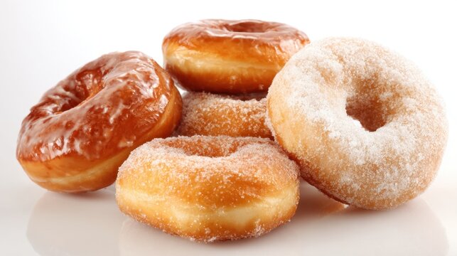 A row of glazed donuts with powdered sugar on top. The donuts are arranged in a neat row on a white surface - Powered by Adobe