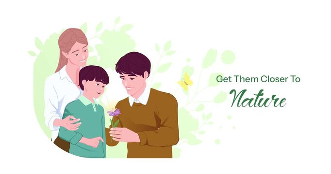 Family planning. Moving banner with happy parents spending time with their child and introducing them to nature and environment. Happy childhood and warm relationships. Flat graphic animated cartoon