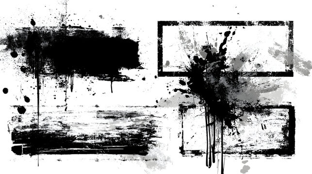 Black paint brush stamps. Vector grunge effect text boxes. Rough, stroke spray ink rectangles on paper. Distressed scratch background. Ink splatter frames on white. Paintbrush element banner bg Stock