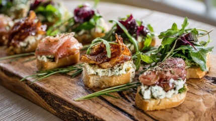 A wooden board with a variety of appetizers, including meat and vegetables. The appetizers are arranged in a visually appealing manner, with some of them being covered in cheese