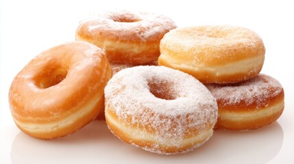 A stack of donuts with powdered sugar on top. The donuts are of different sizes and flavors