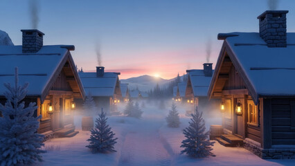 Tranquil winter sunrise over a charming village of log cabins, embraced by snow and glowing with warmth in the morning light