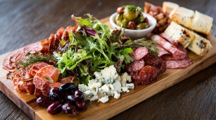 A wooden platter with a variety of meats and cheeses, including salami, olives, and grapes
