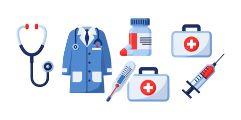 Essential Medical and Pharmaceutical Tools. Healthcare icon set representing diagnosis, treatment, and first aid.