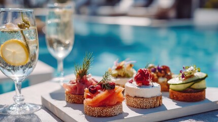 Naklejka premium A tray of appetizers and a glass of sparkling water are set out on a table by a pool