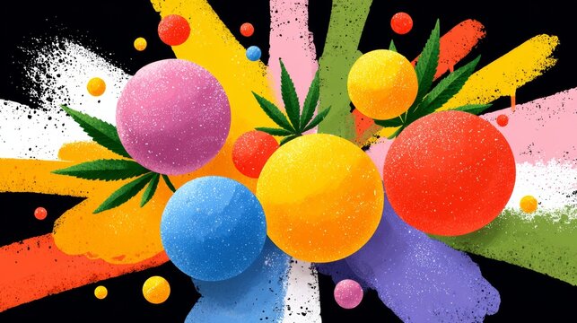 Colorful painting of a bunch of balls with a green leaf in the middle. The painting is abstract and has a psychedelic feel to it - Powered by Adobe