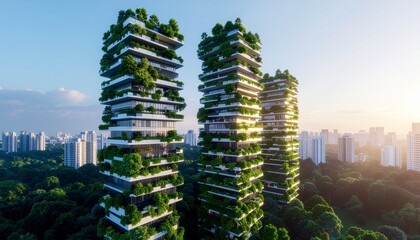 Eco-friendly futuristic skyscrapers covered with vertical gardens and dense greenery. Sustainable architecture, modern green city design, clean energy, and innovative urban development concept.