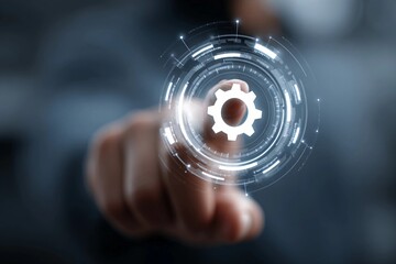 Hand interacts with digital gear icon in a futuristic interface setting