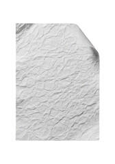 transparent vertical crumpled paper, intricate wrinkles, deep folds, top right corner peeled back, with subtle shadow on a transparent background with copy space, concept of abstract elegance and