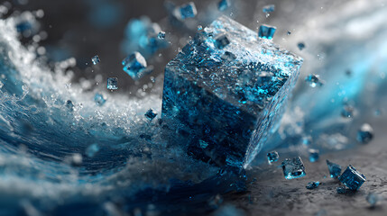 Abstract Glass Cube Shattering Revealing Blue Swirling Data Stream