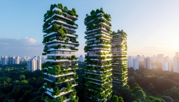 Eco-friendly futuristic skyscrapers covered with vertical gardens and dense greenery. Sustainable architecture, modern green city design, clean energy, and innovative urban development concept.