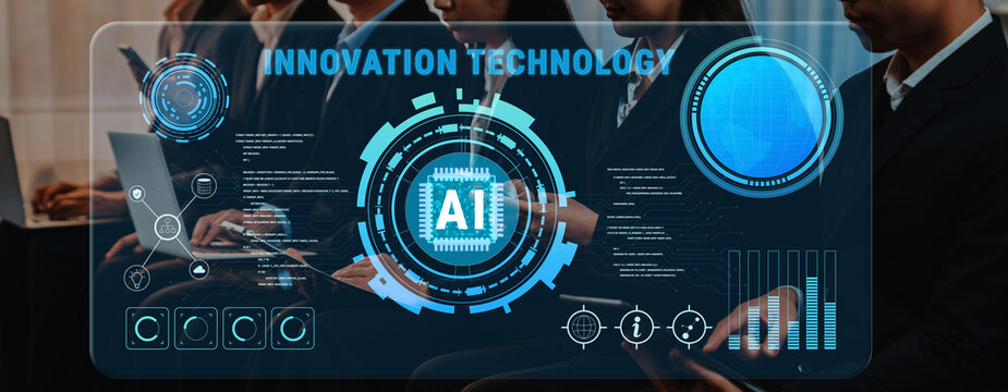 A professional business meeting showcases advanced artificial intelligence in actionable data visualizations, emphasizing innovation in technology and teamwork dynamics. Trope - Powered by Adobe