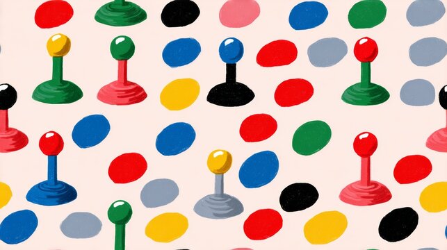 Colorful pattern of game controllers with a red and black one in the middle. The pattern is made up of many different colored buttons - Powered by Adobe