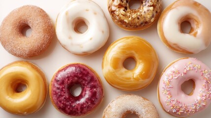 A row of donuts with different flavors and toppings. Concept of variety and abundance, as there are at least ten different types of donuts displayed