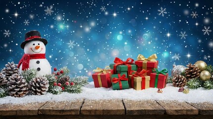 Festive Snowman With Christmas Gifts Under Twinkling Snowfall And Bokeh Lights On Wood