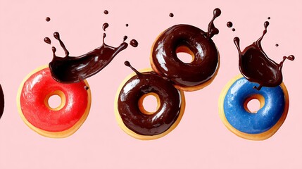 Row of donuts with chocolate and blue icing. The donuts are in motion, with one of them having a chocolate splash. Concept of excitement and indulgence