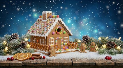 Whimsical Gingerbread House With Icing Decorations And Snowfall Against A Blue Bokeh Background