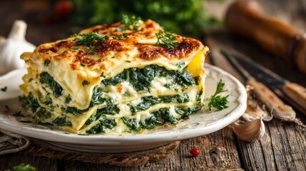 A large spinach lasagna is served on a white plate. The dish is garnished with parsley and is topped with cheese. The plate is placed on a wooden table