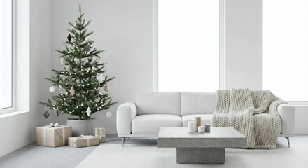Bright Modern Living Room With Decorated Christmas Tree Sofa And Gifts
