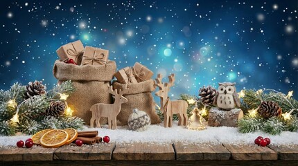 Rustic Christmas Still Life With Burlap Sacks Pinecones And Ornaments On Wooden Table