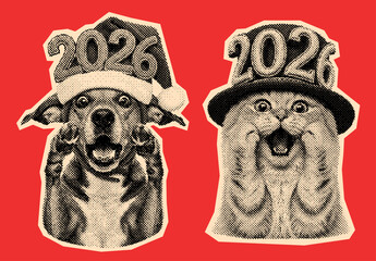 Obraz na płótnie Canvas dog and cat celebrating the new year 2026 with festive hats, Happy New Year Retro Halftone Illustration