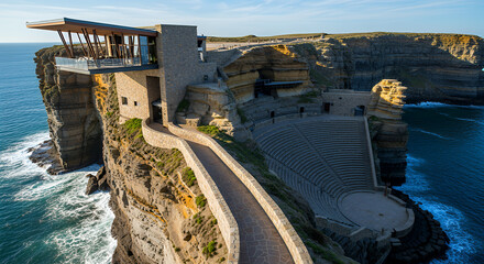 Dramatic aerial view of a modern restaurant built into a rocky cliff overlooking the vast blue ocean with waves crashing below