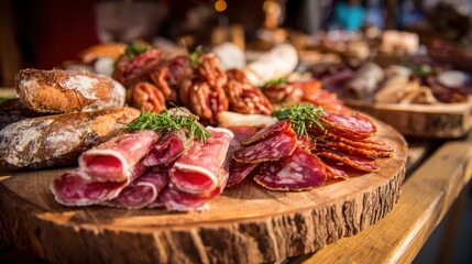 A wooden platter with a variety of meats and bread. Scene is inviting and appetizing