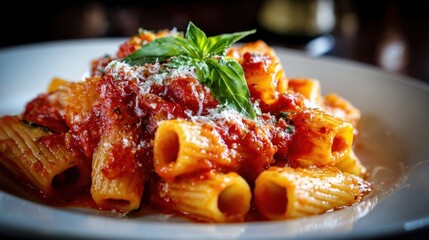 Fototapeta premium A plate of pasta with a generous amount of sauce and basil on top. The dish looks delicious and inviting