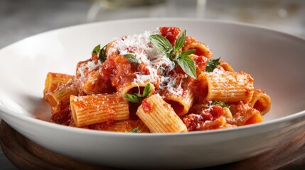 A bowl of pasta with cheese and basil on top. The pasta is red and the cheese is white