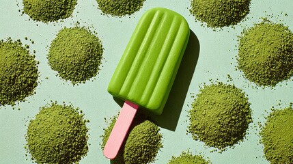 Fototapeta premium Green ice cream stick is placed in the middle of a pile of green powder. The ice cream stick is surrounded by the powder, creating a visually appealing and playful scene