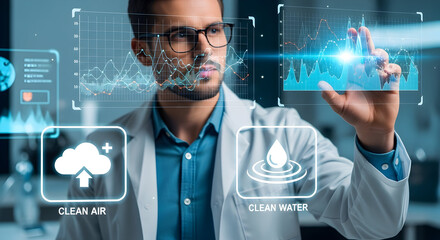 Scientist in laboratory coat interacting with futuristic holographic interface displaying data and icons for cloud computing and water conservation technology