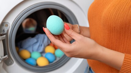 Woman is holding a blue and yellow egg in her hand. She is standing in front of a dryer with a pile of clothes inside