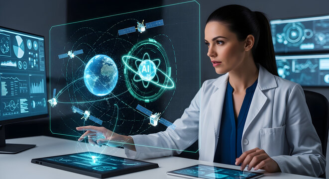 Focused female scientist in white lab coat interacting with a futuristic holographic display showing complex data and scientific models on screens