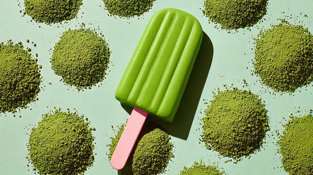 Green ice cream stick is placed in the middle of a pile of green powder. The ice cream stick is surrounded by the powder, creating a visually appealing and playful scene - Powered by Adobe