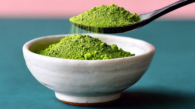Spoon is scooping green powder from a white bowl. The bowl is on a blue table - Powered by Adobe