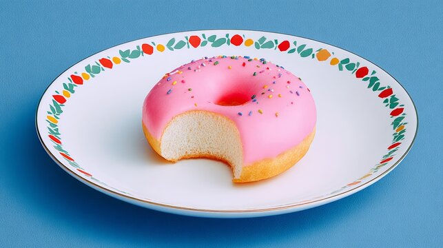 Pink donut with sprinkles on top of a white plate. The donut is half eaten - Powered by Adobe