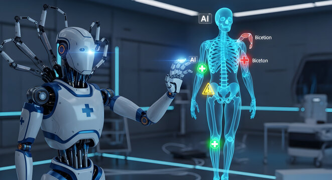 Advanced humanoid robot with glowing blue eyes and intricate mechanical details interacting with a holographic human skeletal system display in a futuristic laboratory setting