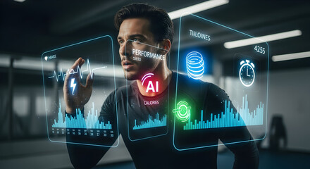 Man interacting with futuristic augmented reality interface displaying ai data biometric scans and financial charts in a modern high tech environment