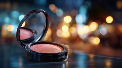 Makeup artist’s palette on fashion week pass, backstage badge, runway glow, credential unlocked, with copy space