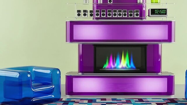 Vibrant Y2K Interior Design Purple Fireplace Blue Transparent Chairs Retro Futuristic Aesthetic Living Room Digital Flame Home Decor Setup