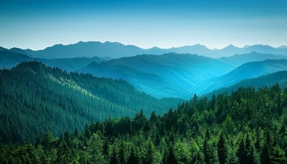 Digital Green And Blue Forested Landscape With Mountains Graphics Poster Background
