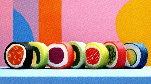 Colorful display of sushi rolls with a pink background. The rolls are arranged in a row and are of different colors and shapes