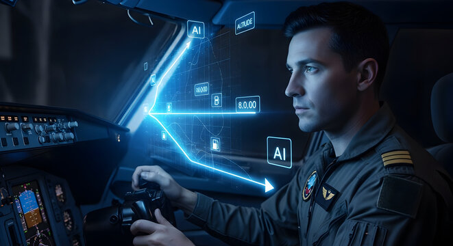 Young male pilot in uniform intently focused on a futuristic holographic display projected within a spacecraft cockpit during a mission - Powered by Adobe