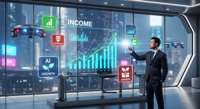 A businessman in a modern office interacts with a futuristic holographic display showing financial data and growth charts