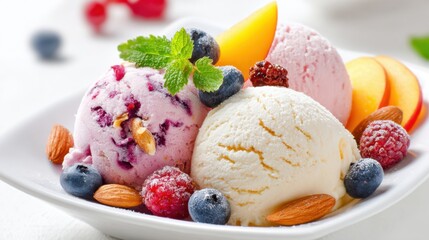 A white plate with a variety of ice cream flavors and fruits. The plate is filled with blueberries, raspberries, and almonds