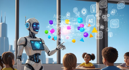 Futuristic humanoid robot presenting interactive digital learning icons and colorful glowing spheres to attentive diverse children in a bright modern classroom setting