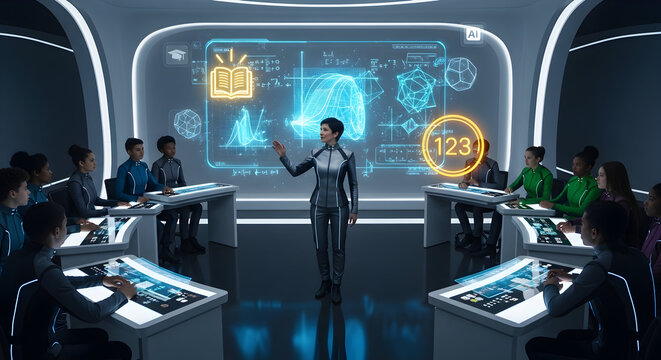 Futuristic woman in sleek suit leading a holographic presentation in a high tech command center with diverse team members observing intently