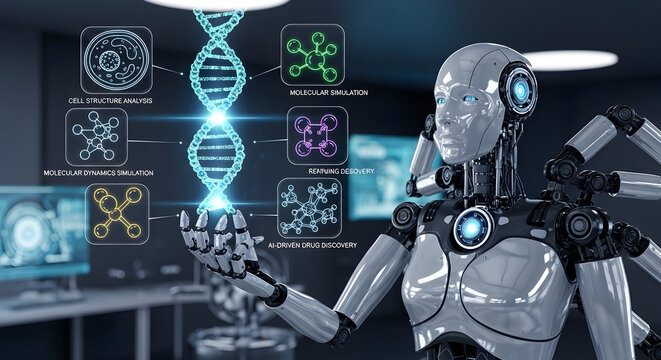 Advanced humanoid robot analyzing complex genetic data and dna helix on futuristic holographic interface in a modern laboratory setting